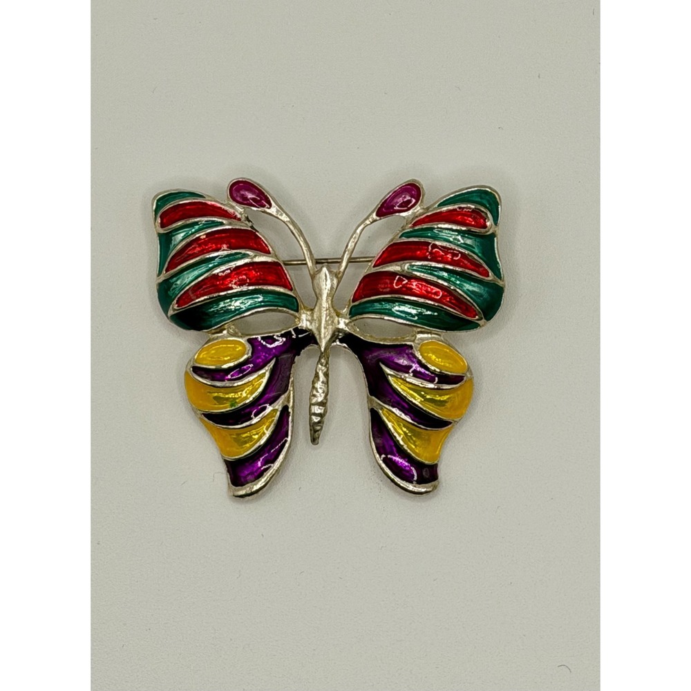 Vintage Enamel Butterfly‎ Brooch Pin with Multicolored Enamel Wings
